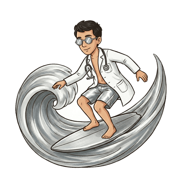 Ilustração de um médico surfando uma onda